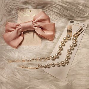 New (2) Large Pink Satin Hair Bow and Pearl Clip Decoration